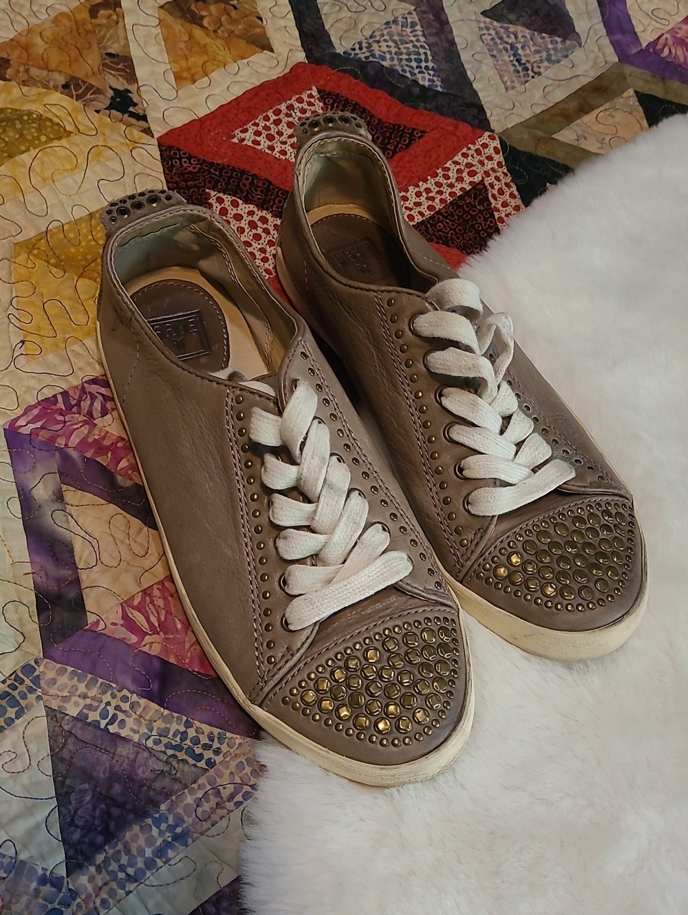 Frye Kira Distressed Leather Studded Low Sneaker Brown Casual Boho Shoes